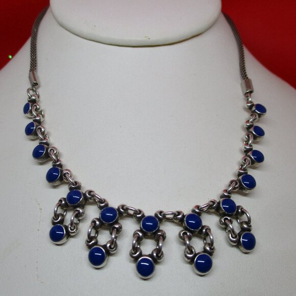 PHILIPPE AUDIBERT PARIS Navy Blue Enamel Silver Tone Metal Bib Necklace Designer - Picture 1 of 9